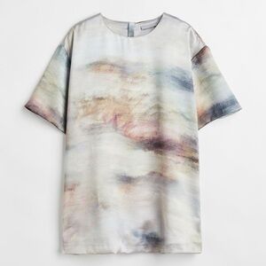 H&M XL Oversized Short Sleeve Watercolor Green Brown Satin Blouse